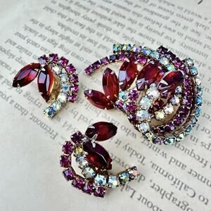 Vintage Red Rhinestone Brooch & Clip Earring Set Pink AB Swirl Cluster Sunburst